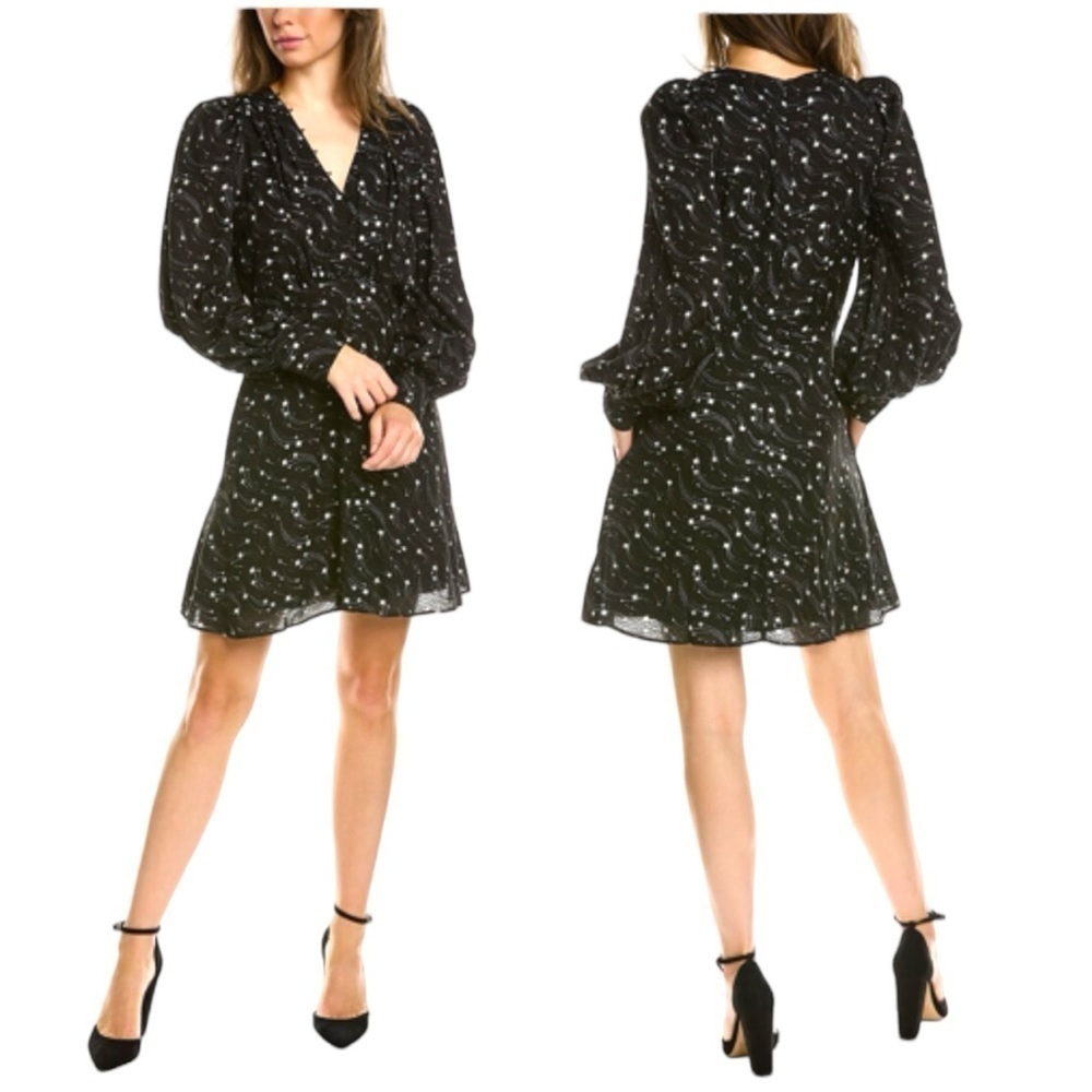 TED Baker Gemmi Long Puff Sleeve V Neck Ruffle Hem Pockets Shift Mini Dress NEW